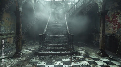Dark, staircase, gloomy, dim, shadowy, eerie, creepy, ominous, sinister, foreboding, spooky, chilling, haunted, macabre, desolate, forbidding, menacing, oppressive, daunting, murky, forbidding
