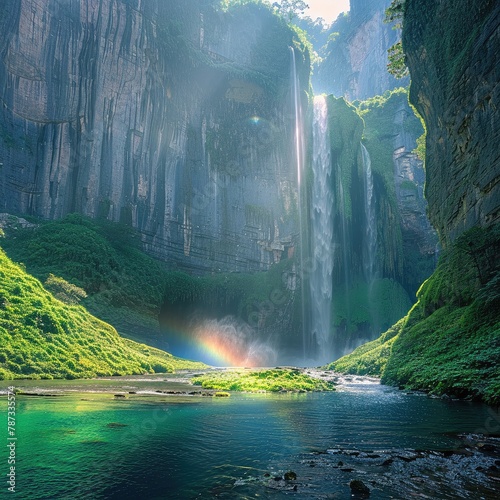 Hidden waterfall nestled in a verdant canyon, sunlight casting a rainbow in the spray , ultra HD