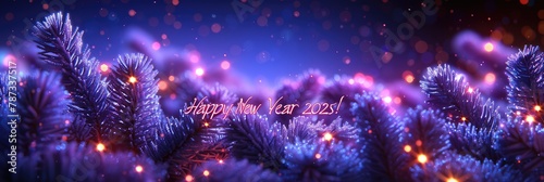 Elegant New Year 2023 Greeting with Blue Spruce Branches and Lights in Purple and Blue Colors