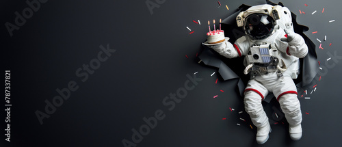 A weightless astronaut holds a birthday cake with candles, set against a monochromatic background