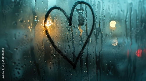 A heart drawn on a foggy window, symbolizing longing or nostalgia. 