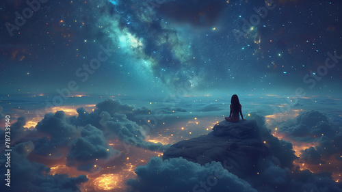 Girl perches on stone above clouds, gazing at starry sky, lost in dreams.