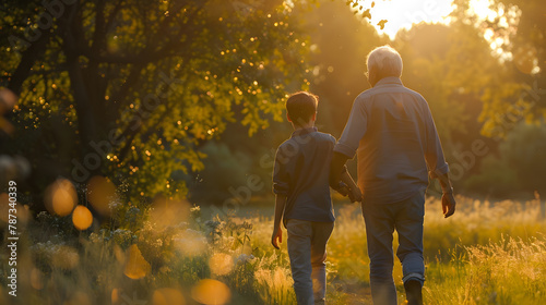 senior father with adult son in family concept banner background with copy space elderly old man person are happy and enjoy with hipster son together by walking outdoor in nature : Generative AI