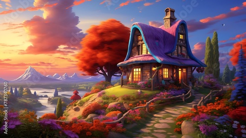 an image of an idyllic house nestled in a serene landscape, with a painter adding vibrant colors to its exterior