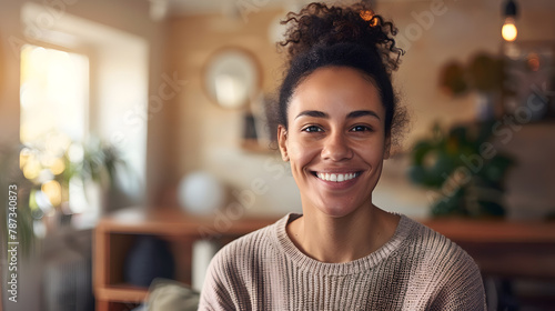 Young biracial woman smiling at home with copy space her cheerful expression welcomes guests into a warm inviting space : Generative AI