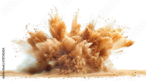 golden sand explosion isolated on transparent background, abstract sand cloud fly wave in the air