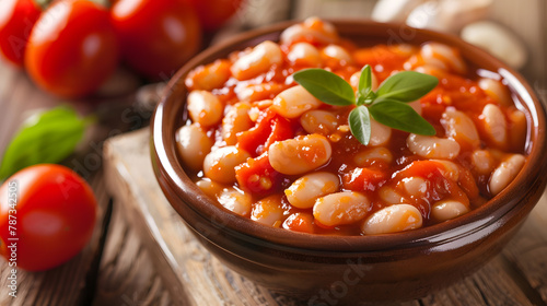 bean tomato sauce white legume beans food healthy meal diet snack on the table copy space food background : Generative AI