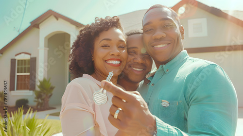 Happy diverse couple bought their new home and standing in front of it and showing keys Copy space Real estate owners Hispanic woman and african american man posing in front of the hou : Generative AI