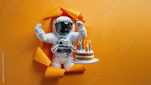 A space explorer celebrates with a birthday cake, popping out of a vibrant orange paper background