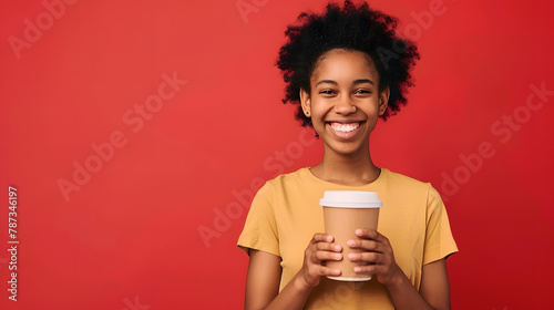 Full length photo of smiling young african american woman in casual tshirt hold takeaway delivery craft paper brown cup tea coffee to go isolated on red background studio portrait Mock : Generative AI