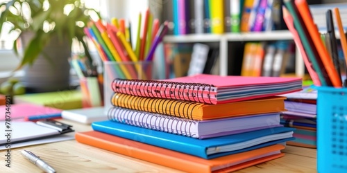 A stack of textbooks and notebooks on a desk, with an open space for adding back-to-school messages. 