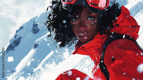 a detailed image of a confident female snowboarder poised at the top of a snowy mountain