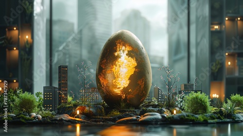 Innovative startup scene with a golden egg as the centerpiece, surrounded by young entrepreneurs
