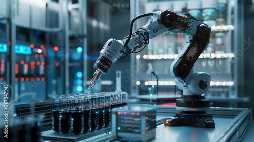A robot is working in a lab, filling up a container with liquid. The robot is surrounded by various scientific equipment and tools, including a microscope and a beaker