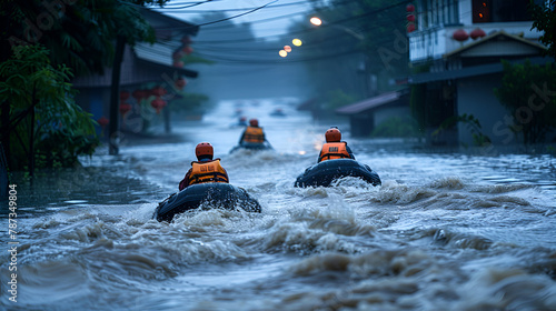 Rescuers search for people trapped in floods using rubber boats, generative Ai