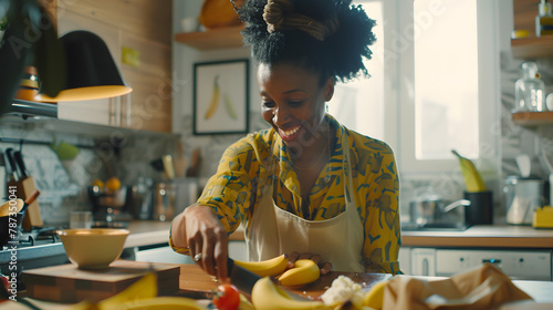 Portrait of smiling black woman cutting bananas while making healthy meal in kitchen and filming cooking video copy space : Generative AI