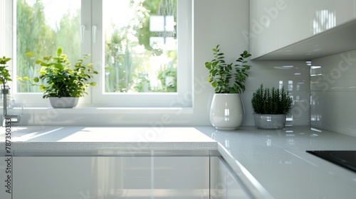 Modern minimalist kitchen with a fresh rosemary plant in a white cup on a bright countertop