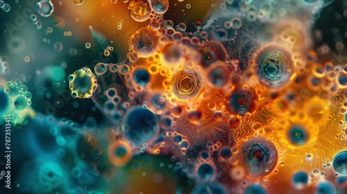 An abstract closeup of fungal spores with vibrant colors and patterns that resemble a miniature galaxy or otherworldly terrain.