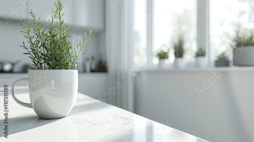 Modern minimalist kitchen with a fresh rosemary plant in a white cup on a bright countertop