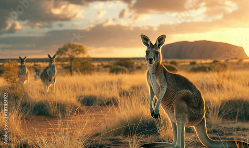 Several multi-sized kangaroos standing in the steppes of Australia, You can see Uluru, Australia from behind 