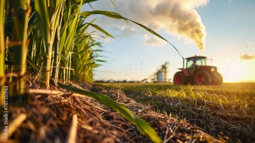 A closeup image of a sugarcane plantation can be seen with workers carefully ting down the tall stalks and loading them onto a tractor. In the distance a biofuel production facility .