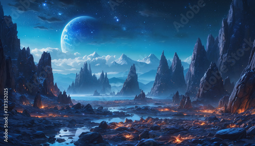 An alien landscape is filled with various rocks scattered throughout, creating a sense of depth and dimension. The mountains in the background emphasizing the vastness and beauty of the scene.