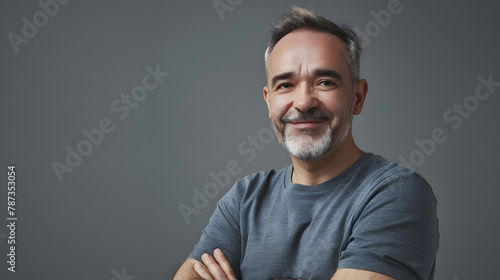 Relaxed attractive smiling middleaged man with rolled up sleeves posing against a grey studio background with copy space : Generative AI