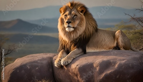 Adult male lion with a full mane lying on a rocky outcrop with a savanna and mountainous background