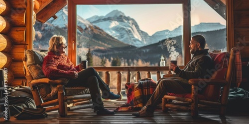 A cozy cabin scene with a couple relaxing on a porch with mountain views and hot drinks. 