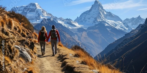 A couple hiking on a mountain trail, with snow-capped peaks in the background.