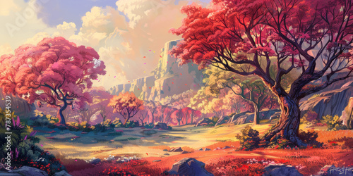 Illustration depicting a magical and fantastical landscape reminiscent of a fairy tale, characterized by dreamlike elements and enchanting scenery.