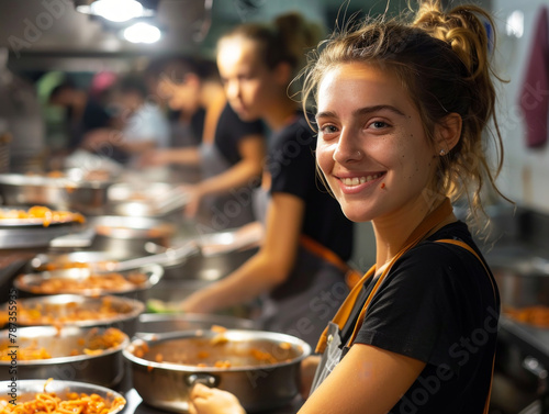 giovane volontaria che aiuta a servire e cucinare alla mensa dei poveri, volontaria alla mensa