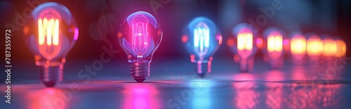 Panoramic view of illuminated energy-saving bulbs: conceptual panoramic shot of glowing low-energy bulbs against a blurred background, symbolizing eco-friendly energy solutions. Wide banner and header