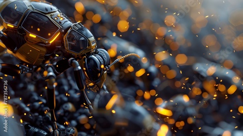 A swarm of robotic insects with hexagonal bodies working together, representing the collective power and efficiency of technological advancements.