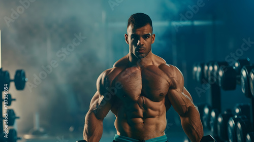 Bodybuilding Concept Portrait Of Muscular Young Arab Man Training With Dumbbells At Gym Confident Middle Eastern Bodybuilder Working Out With Light Weights In Sport Club Panorama Copy : Generative AI