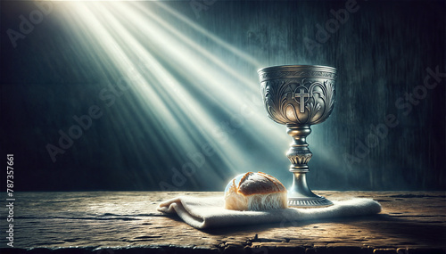 Golden chalice and loaf of bread on wooden table, illuminated by ethereal light beams. Symbolic still life concept of spirituality and nourishment.