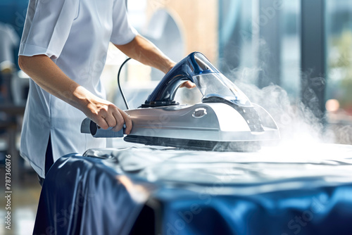 Employee Dry cleaner uses a steam generator to sanitize textiles, effectively removing microbes and allergens. Concept of ensuring health and hygiene in the textile cleaning industry