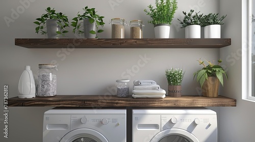Rustic wood wall shelves look especially striking above white appliances in the laundry room, and the shelves are lined with mason jars and plants. Bathroom interior