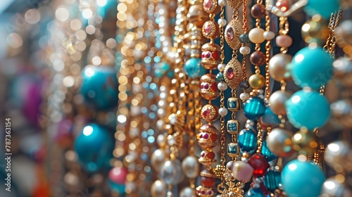 Artistic close-up of a vibrant bead necklace with pearls.