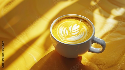 A cup of latte coffee with white foam and an artistic pattern in the center, placed on a saucer on a yellow background. Design in light brown for milk and bright orange for cappuccino foam.