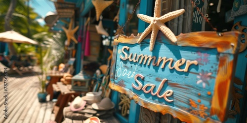 A "Summer Sale" sign with beach-themed decorations outside a retail outlet. 