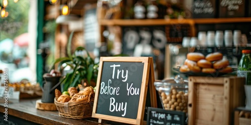 A "Try Before You Buy" sign offering product demonstrations at a shop. 