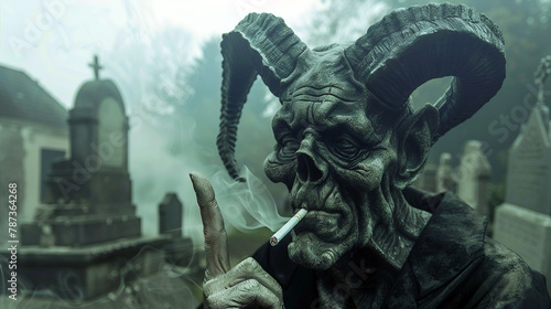 statue of a smoking Satan in spooky cemetery , horror 