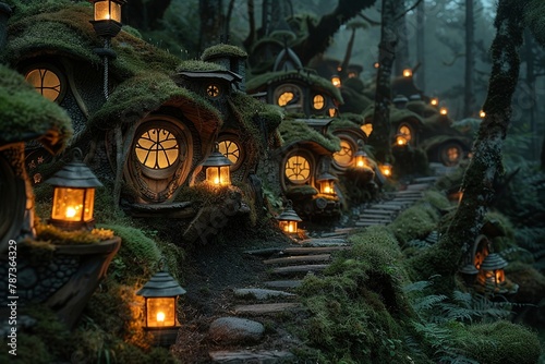 The gnome village in the magical forest is filled with charming cottages and delightful huts, surrounded by ancient trees and illuminated by twinkling lanterns along the winding paths.
