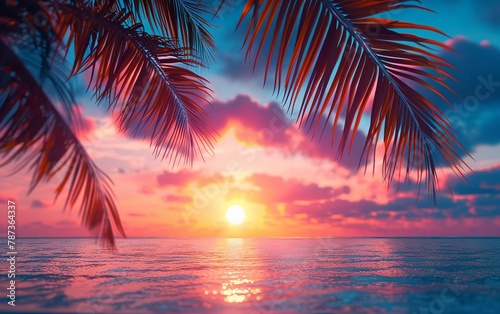 Vivid colors of a tranquil tropical beach at sunset, with palm tree silhouettes creating a serene atmosphere.