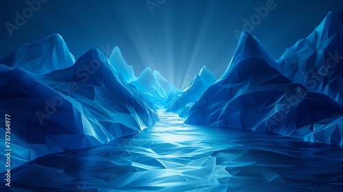 Blue Glowing Geometric Landscape for Tech Conference Backdrop A stunning blue glowing geometric landscape, perfect for elevating the ambiance at a tech conference or corporate event.