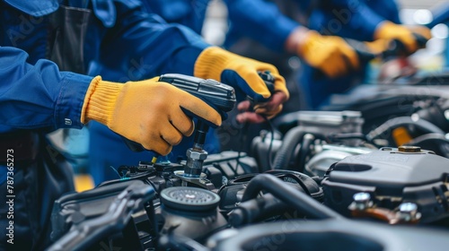Expert mechanic s skilled hands repairing car at professional auto service center