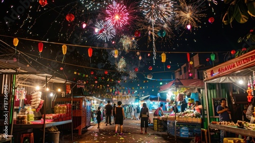 A street party with vendors and performers under a canopy of fireworks. 