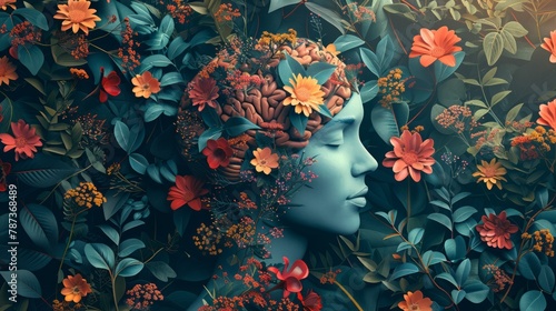 Human head with brain and tropical flowers on grunge background