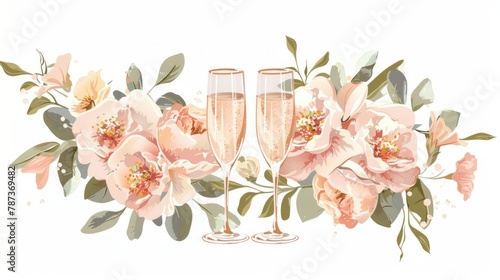 glamorous vector style, bridal flowers and champagne glasses